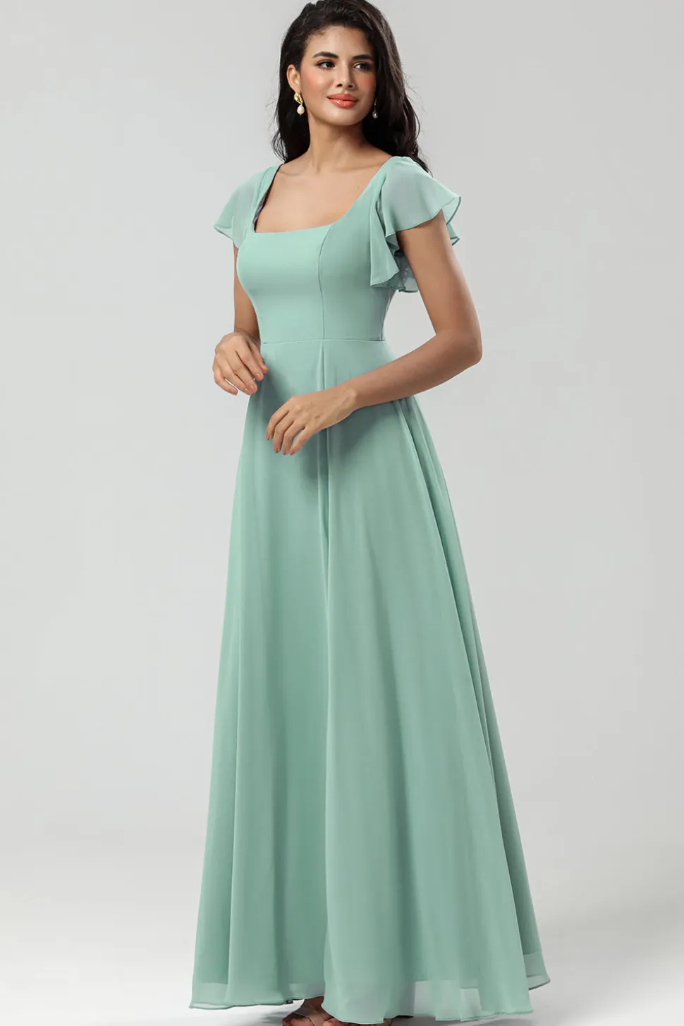 Vestido de dama de honra Chiffon de pescoço quadrado verde com folhos