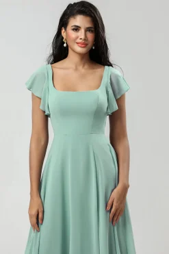 Vestido de dama de honra Chiffon de pescoço quadrado verde com folhos