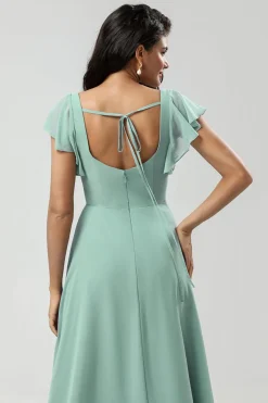 Vestido de dama de honra Chiffon de pescoço quadrado verde com folhos