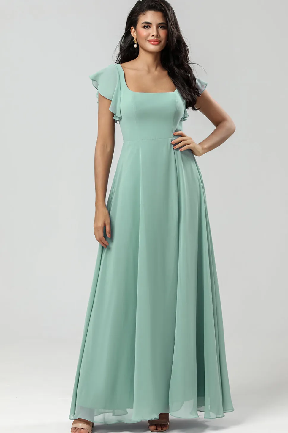 Vestido de dama de honra Chiffon de pescoço quadrado verde com folhos
