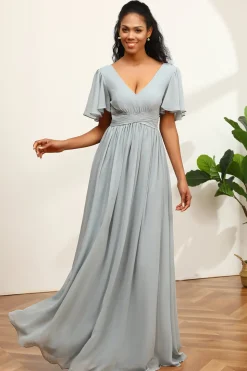 Vestido de dama de honra Grey V-Neck Chiffon A-Line