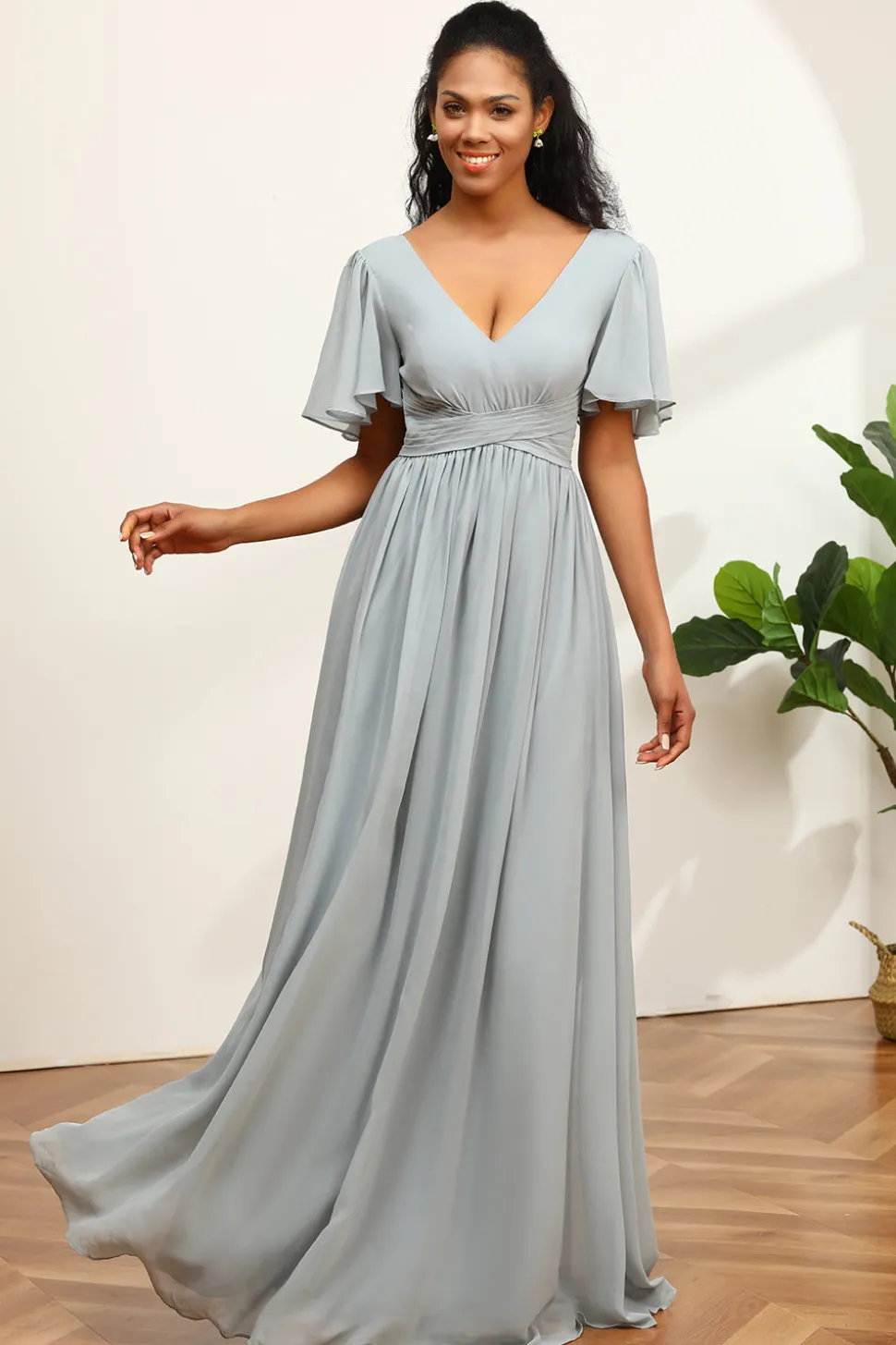 Vestido de dama de honra Grey V-Neck Chiffon A-Line