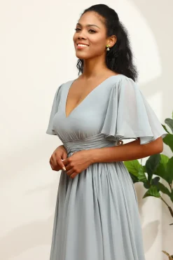 Vestido de dama de honra Grey V-Neck Chiffon A-Line