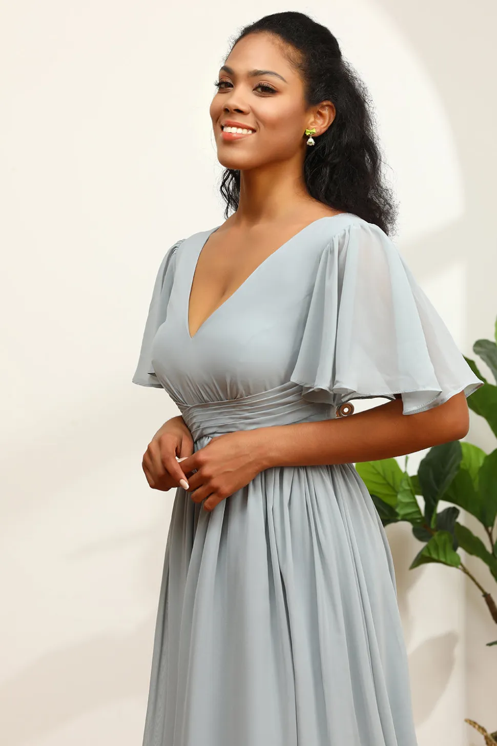 Vestido de dama de honra Grey V-Neck Chiffon A-Line