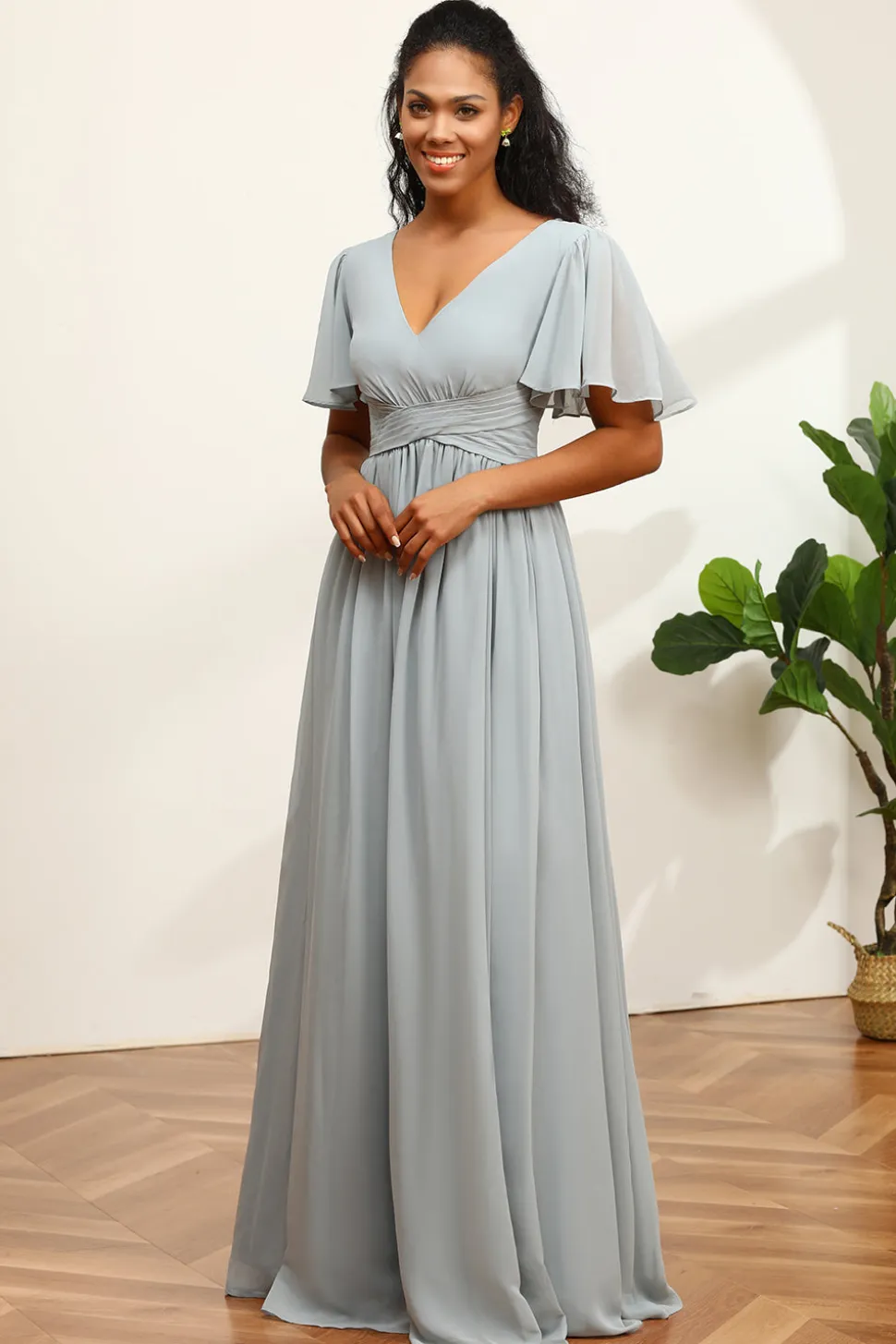 Vestido de dama de honra Grey V-Neck Chiffon A-Line