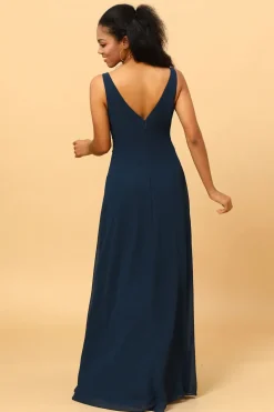 Vestido de Dama de Honra Gola em V Azul Marinha