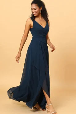Vestido de Dama de Honra Gola em V Azul Marinha