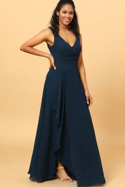 Vestido de Dama de Honra Gola em V Azul Marinha