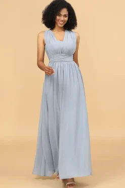 Vestido de dama de honra chiffon longo descapotável azul cinza