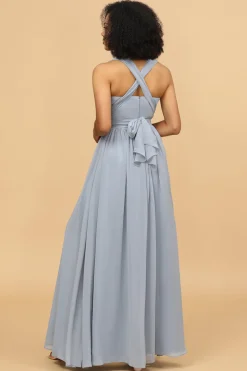 Vestido de dama de honra chiffon longo descapotável azul cinza