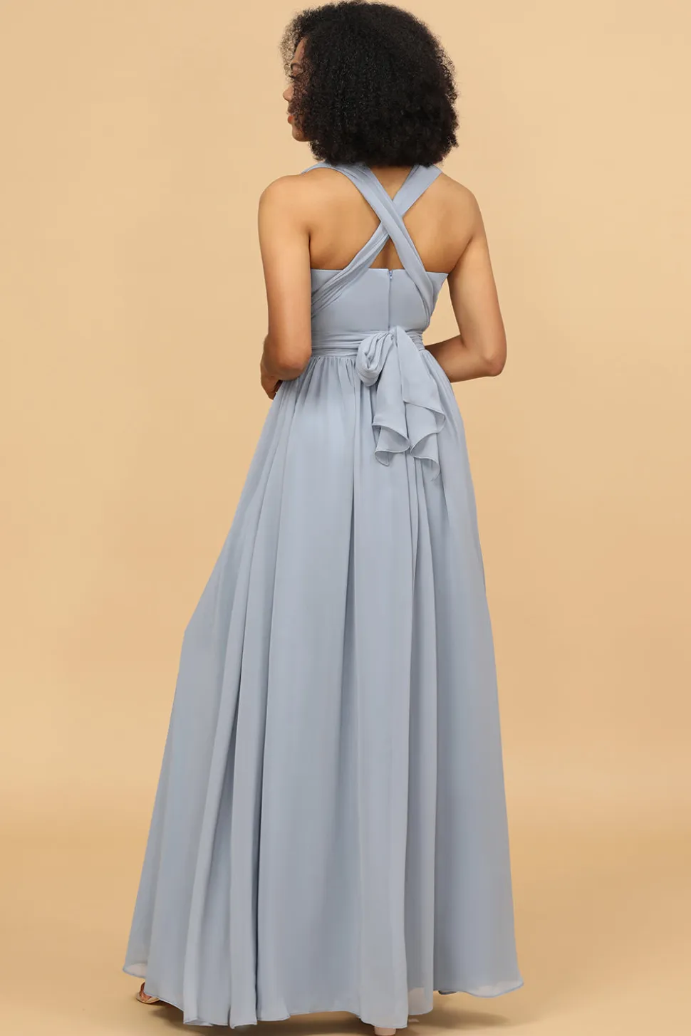 Vestido de dama de honra chiffon longo descapotável azul cinza