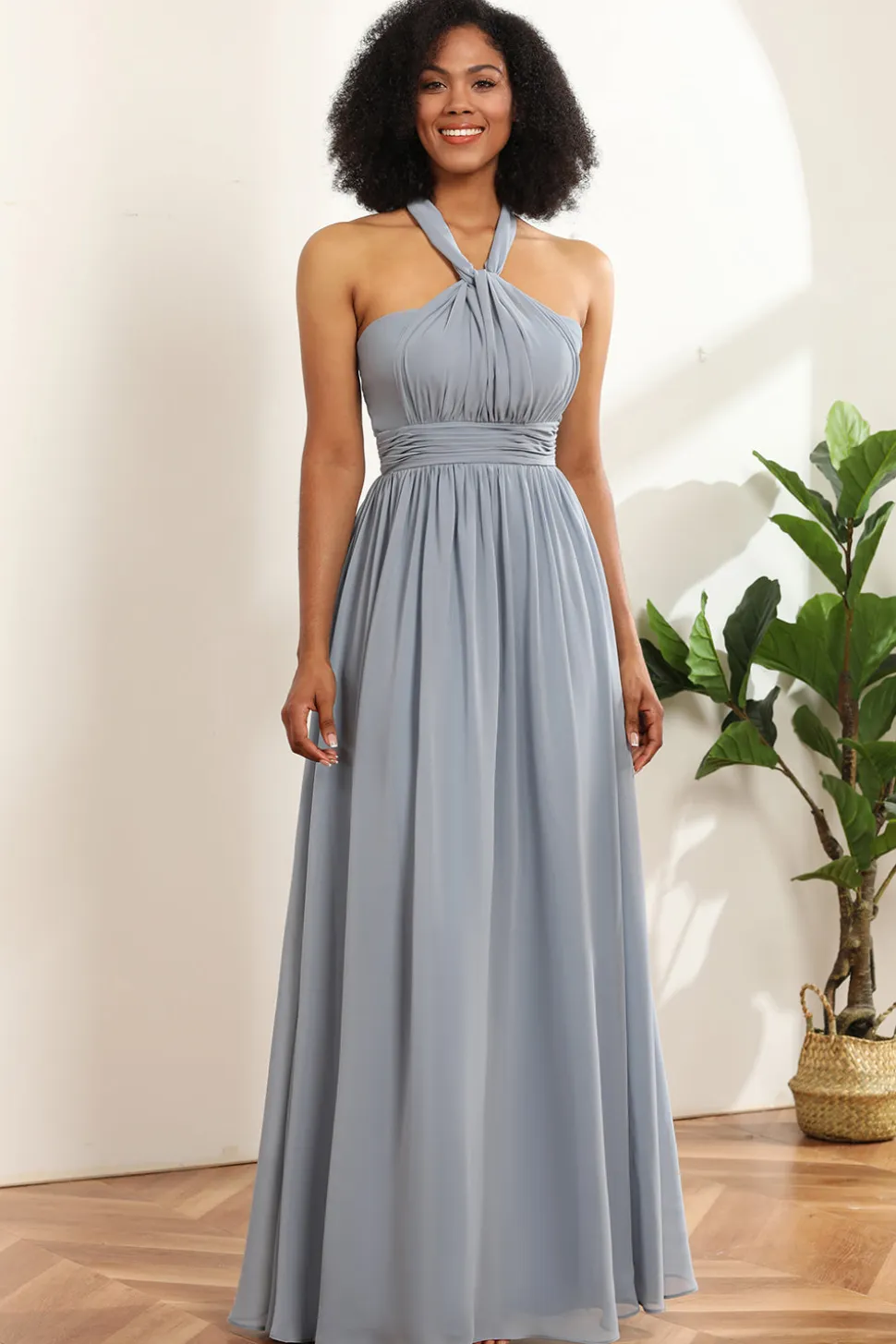 Vestido de dama de honra chiffon longo descapotável azul cinza