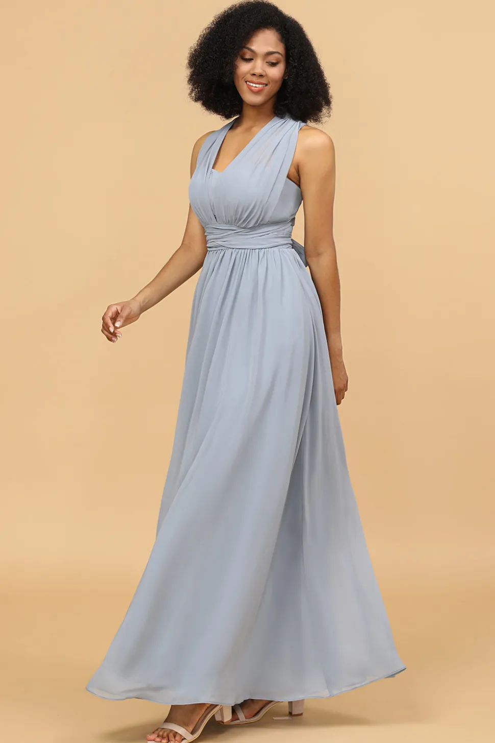 Vestido de dama de honra chiffon longo descapotável azul cinza