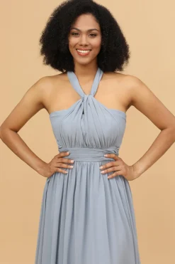 Vestido de dama de honra chiffon longo descapotável azul cinza