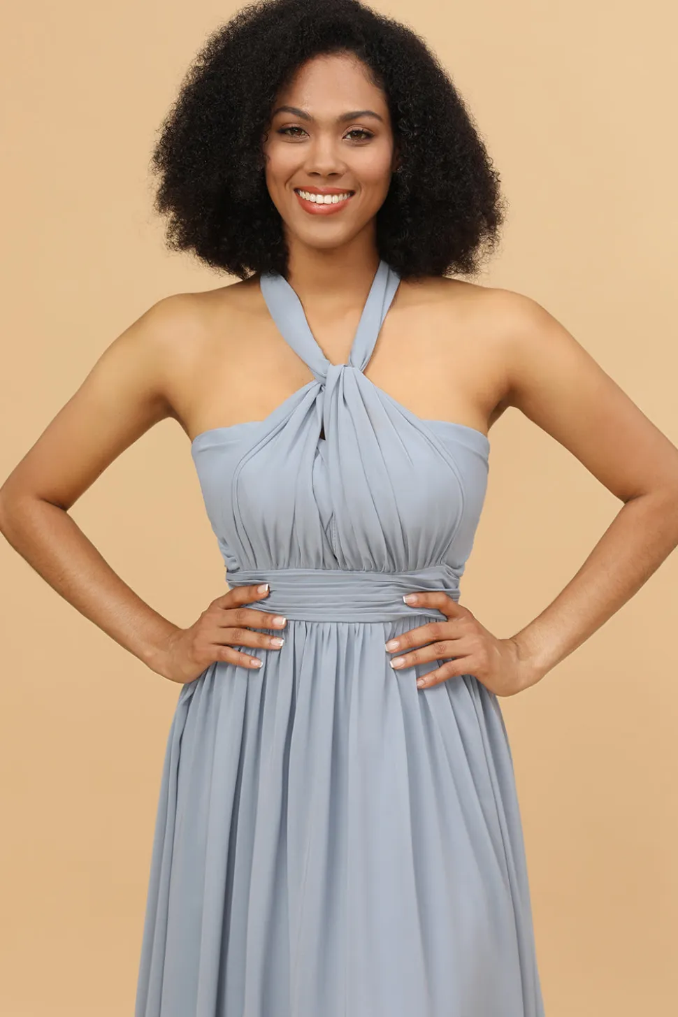Vestido de dama de honra chiffon longo descapotável azul cinza