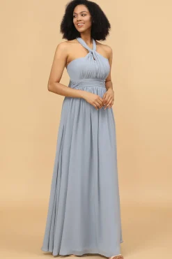 Vestido de dama de honra chiffon longo descapotável azul cinza