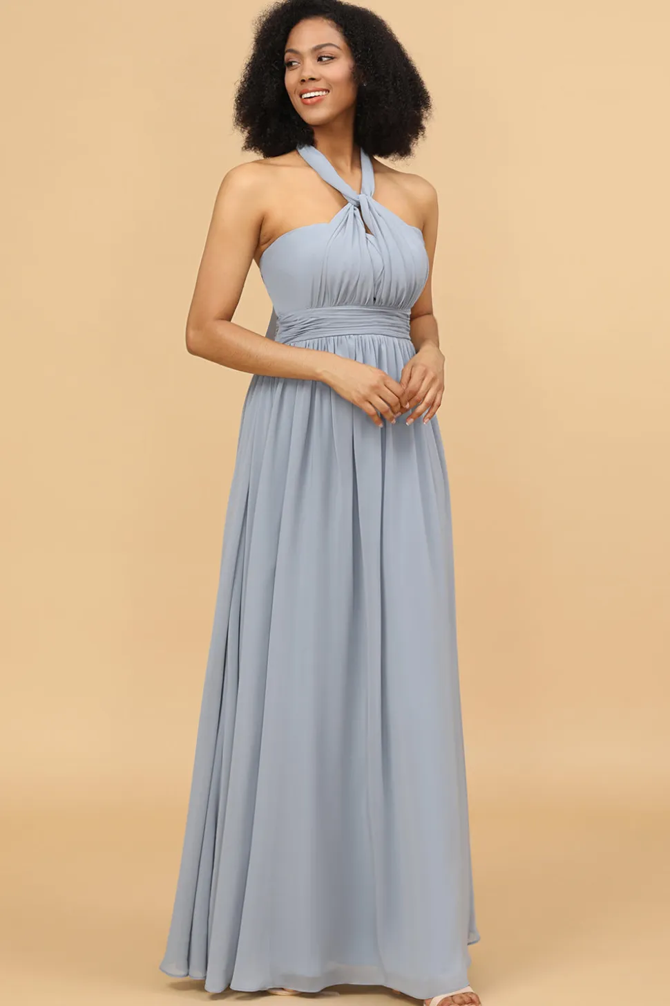 Vestido de dama de honra chiffon longo descapotável azul cinza