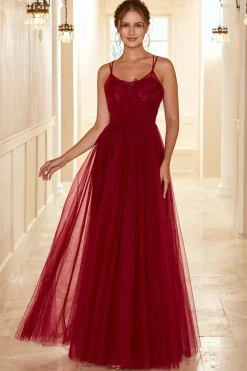 Vestido de dama de honra comprido borgonha com renda