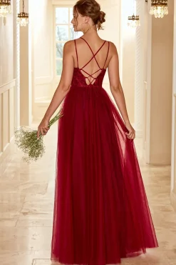Vestido de dama de honra comprido borgonha com renda