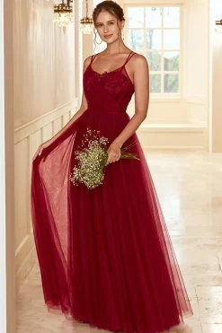 Vestido de dama de honra comprido borgonha com renda