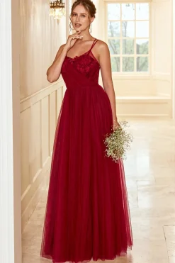 Vestido de dama de honra comprido borgonha com renda