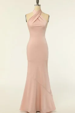 Vestido de dama de honra da sereia Halter Blush Longo com Sem Costas