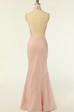 Vestido de dama de honra da sereia Halter Blush Longo com Sem Costas