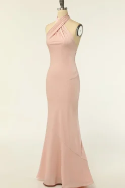Vestido de dama de honra da sereia Halter Blush Longo com Sem Costas