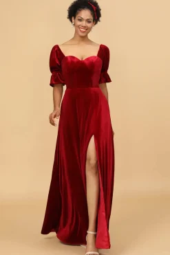 Vestido de Dama de Honra Veludo Vermelho Meia Mangas