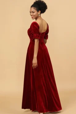 Vestido de Dama de Honra Veludo Vermelho Meia Mangas