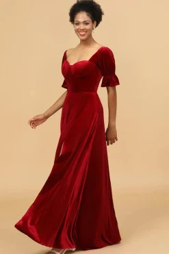 Vestido de Dama de Honra Veludo Vermelho Meia Mangas