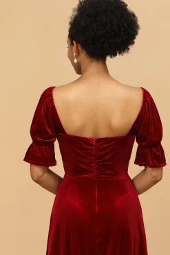 Vestido de Dama de Honra Veludo Vermelho Meia Mangas