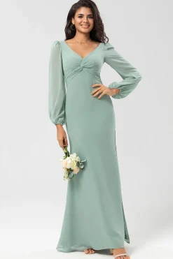 Vestido de dama de honra verde de mangas compridas com fenda