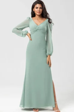 Vestido de dama de honra verde de mangas compridas com fenda