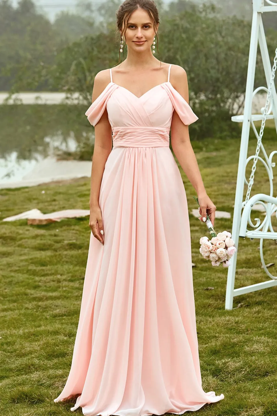 Vestido de dama de honra blush ombro