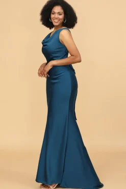 Vestido de dama de honra da sereia de cetim azul tinta