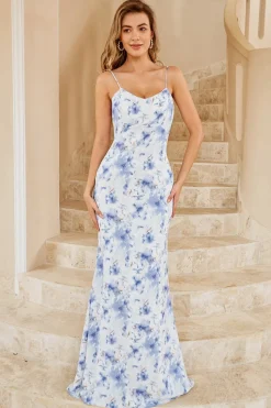 Vestido de dama de honra boho floral azul