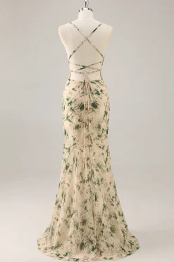 Vestido de dama de honra da sereia da flor de champanhe com fenda