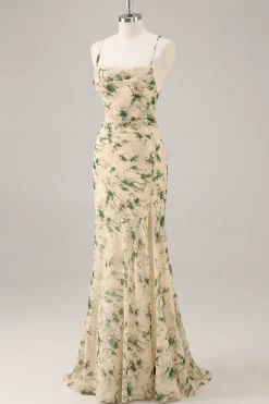 Vestido de dama de honra da sereia da flor de champanhe com fenda