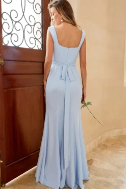 Vestido de dama de honra da sereia azul céu com fenda