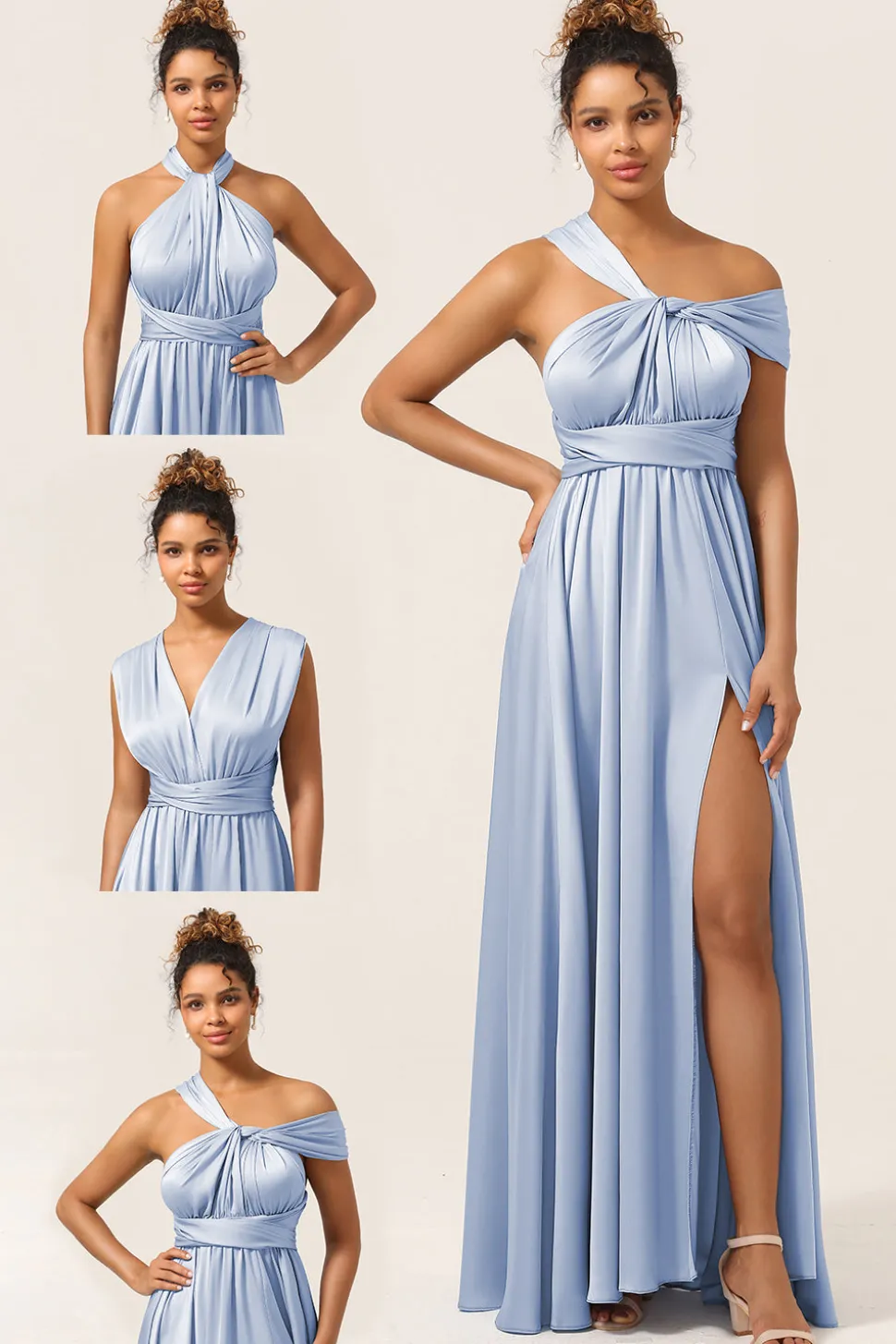 Vestido de dama de honra conversível de cetim azul com fenda