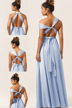 Vestido de dama de honra conversível de cetim azul com fenda