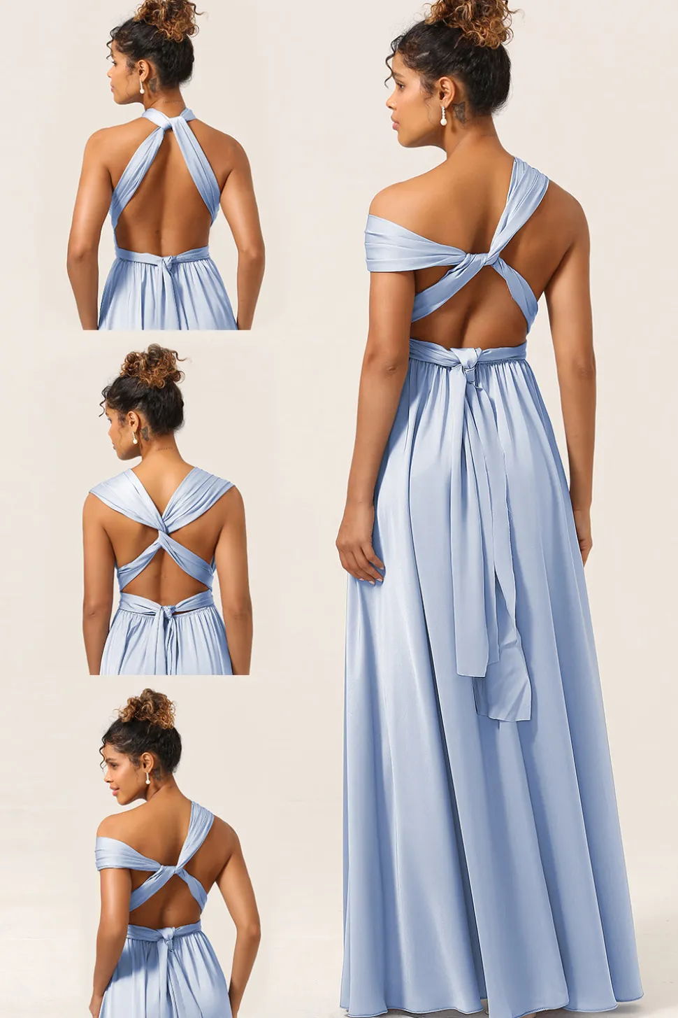 Vestido de dama de honra conversível de cetim azul com fenda