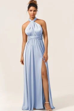 Vestido de dama de honra conversível de cetim azul com fenda