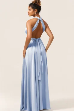 Vestido de dama de honra conversível de cetim azul com fenda