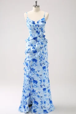 Vestido de dama de honra floral babado azul com fenda