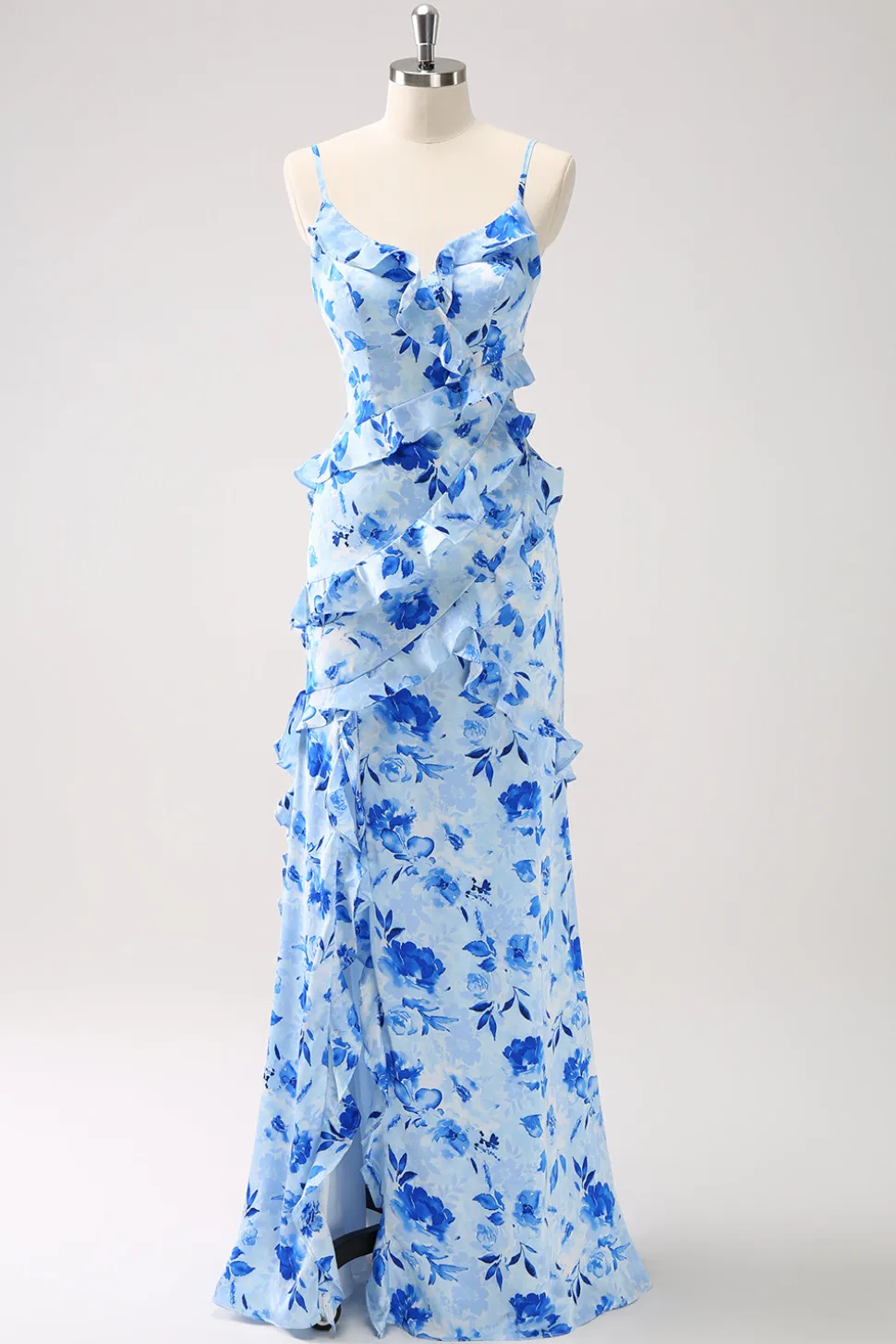 Vestido de dama de honra floral babado azul com fenda