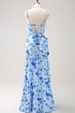 Vestido de dama de honra floral babado azul com fenda