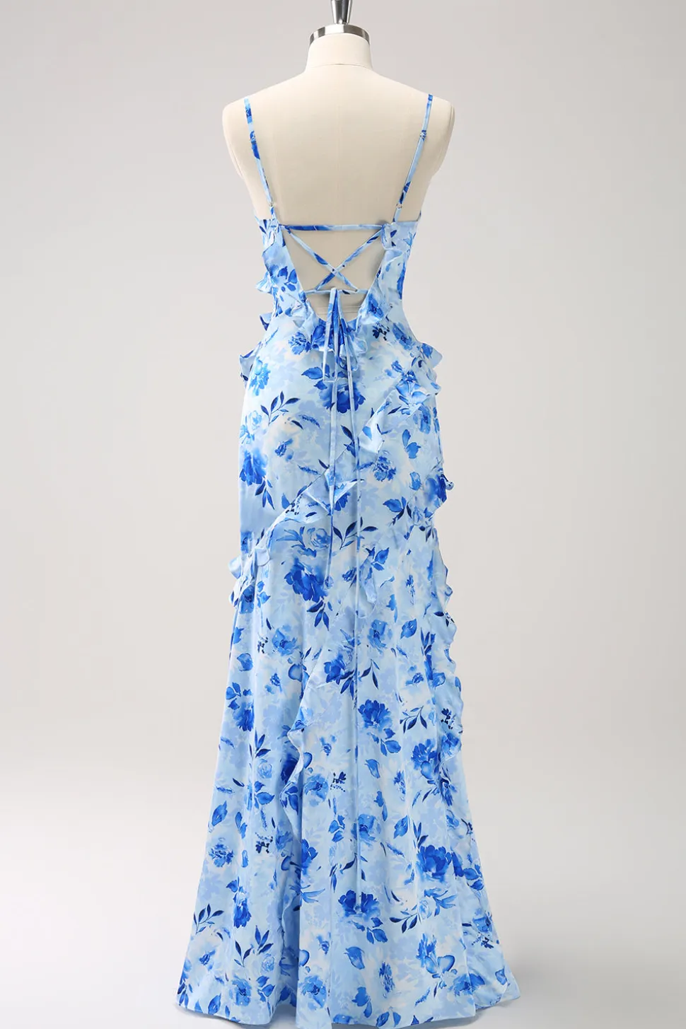 Vestido de dama de honra floral babado azul com fenda