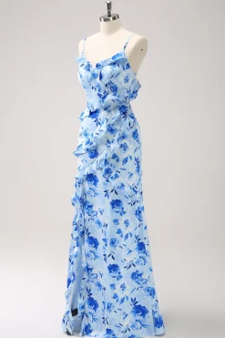 Vestido de dama de honra floral babado azul com fenda
